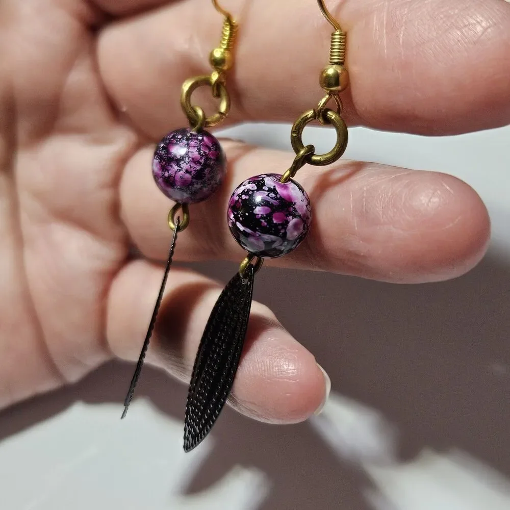 Gold Tone Purple Bead Black Metal Dangling Earrings